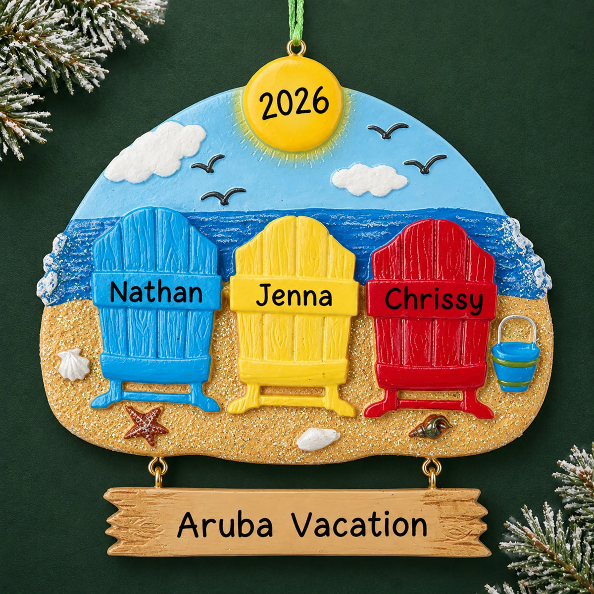 Personalized beach family of 3 christmas ornament on a dark green pine background