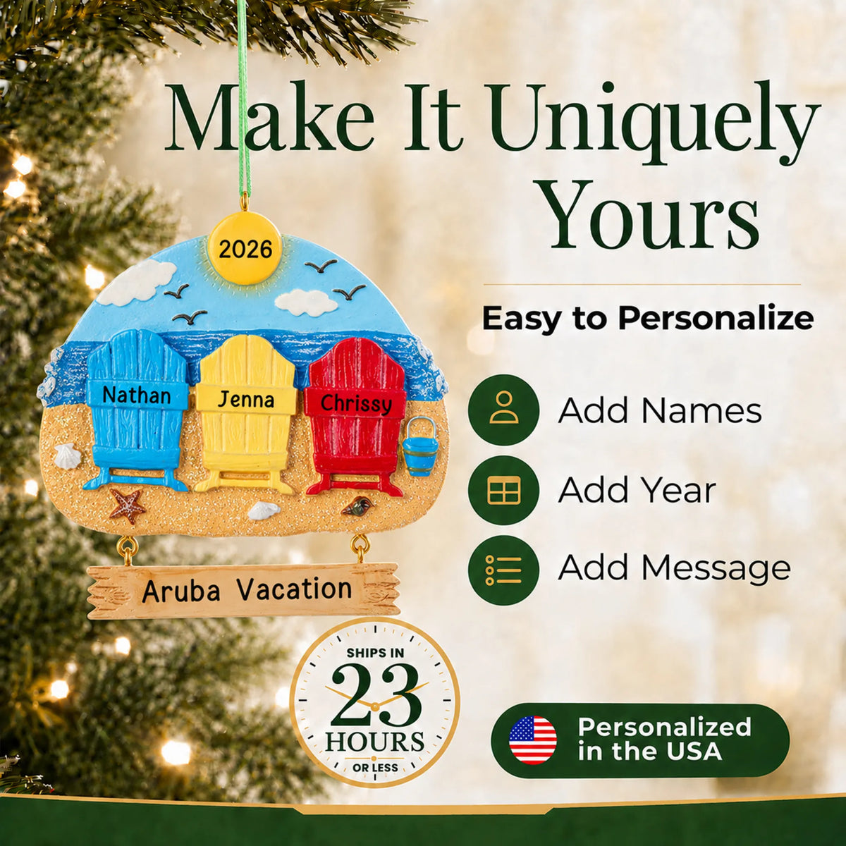 Make it yours: add names and year to the personalized beach family of 3 christmas ornament