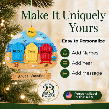 Make it yours: add names and year to the personalized beach family of 3 christmas ornament
