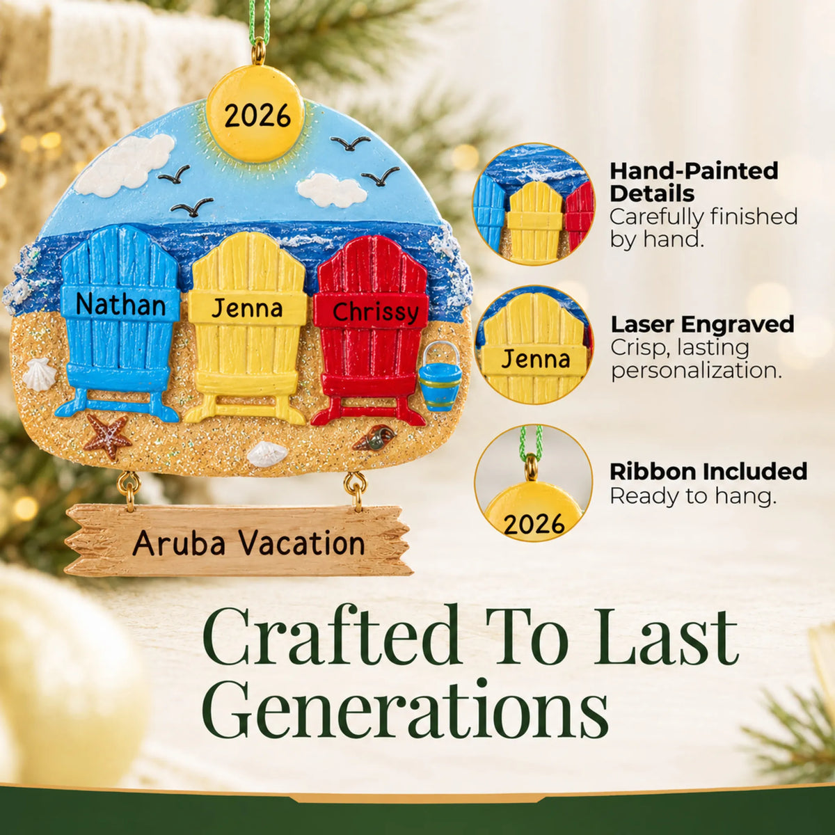 Hand-painted details and laser engraved personalization on the beach family of 3 christmas ornament, ribbon included