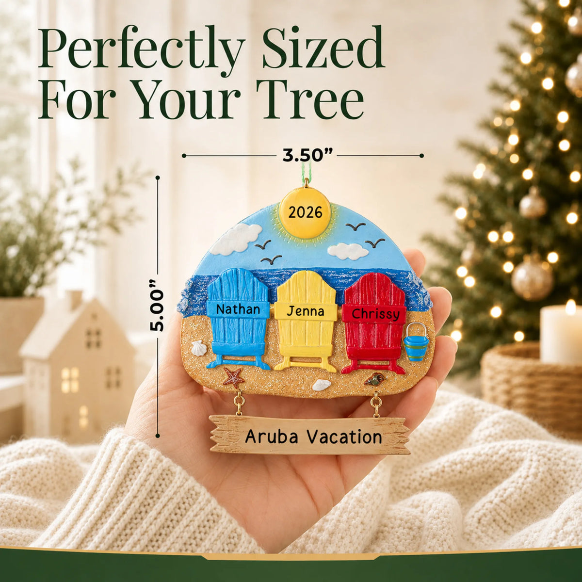 Size guide: the personalized beach family of 3 christmas ornament is 3.50 in wide by 5.00 in tall, shown in hand