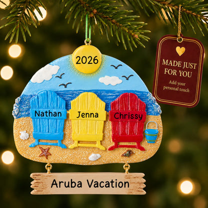Beach family of 3 christmas ornament hanging on a lit Christmas tree with a Made Just For You gift tag