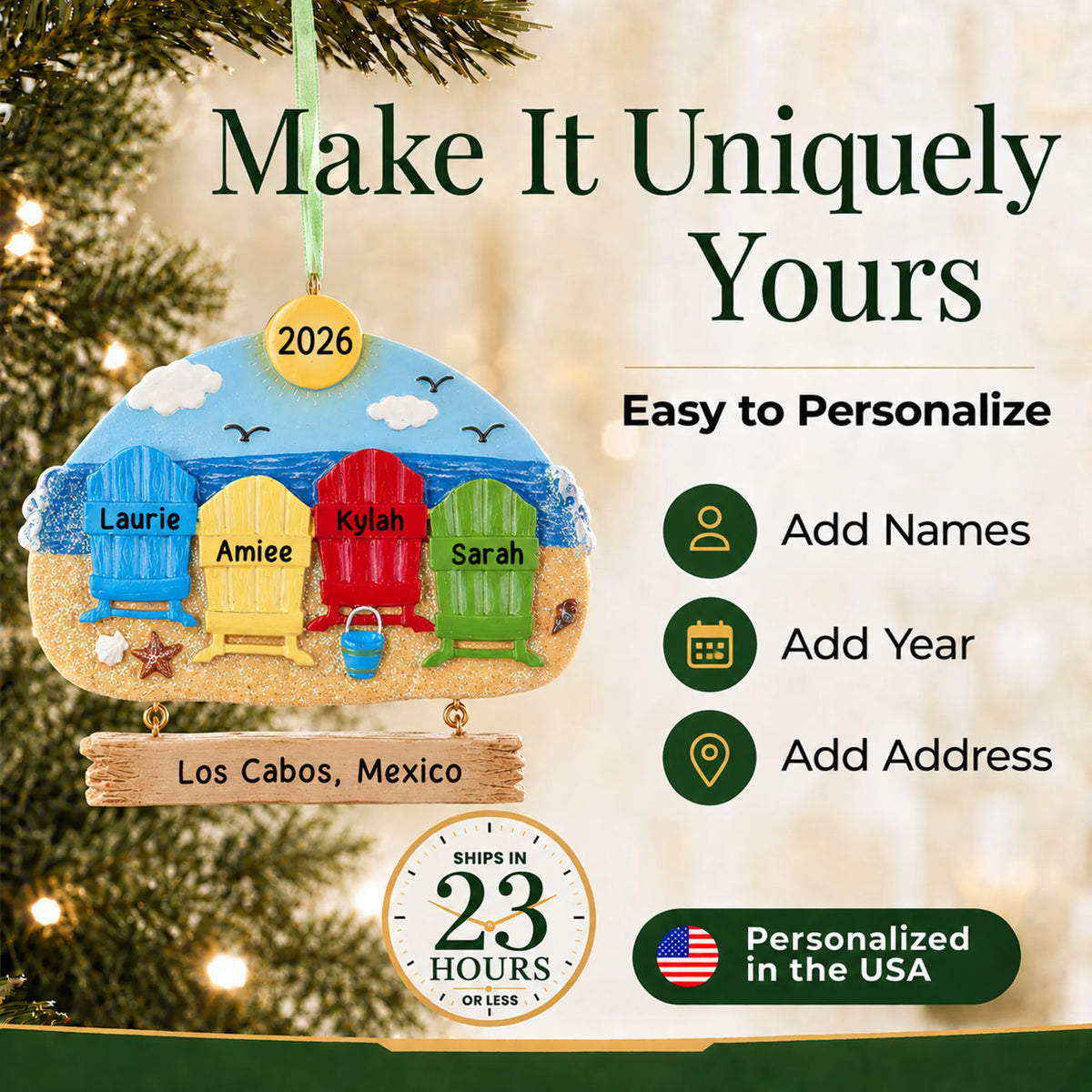 Make it yours: add names and year to the personalized beach family of 4 christmas ornament