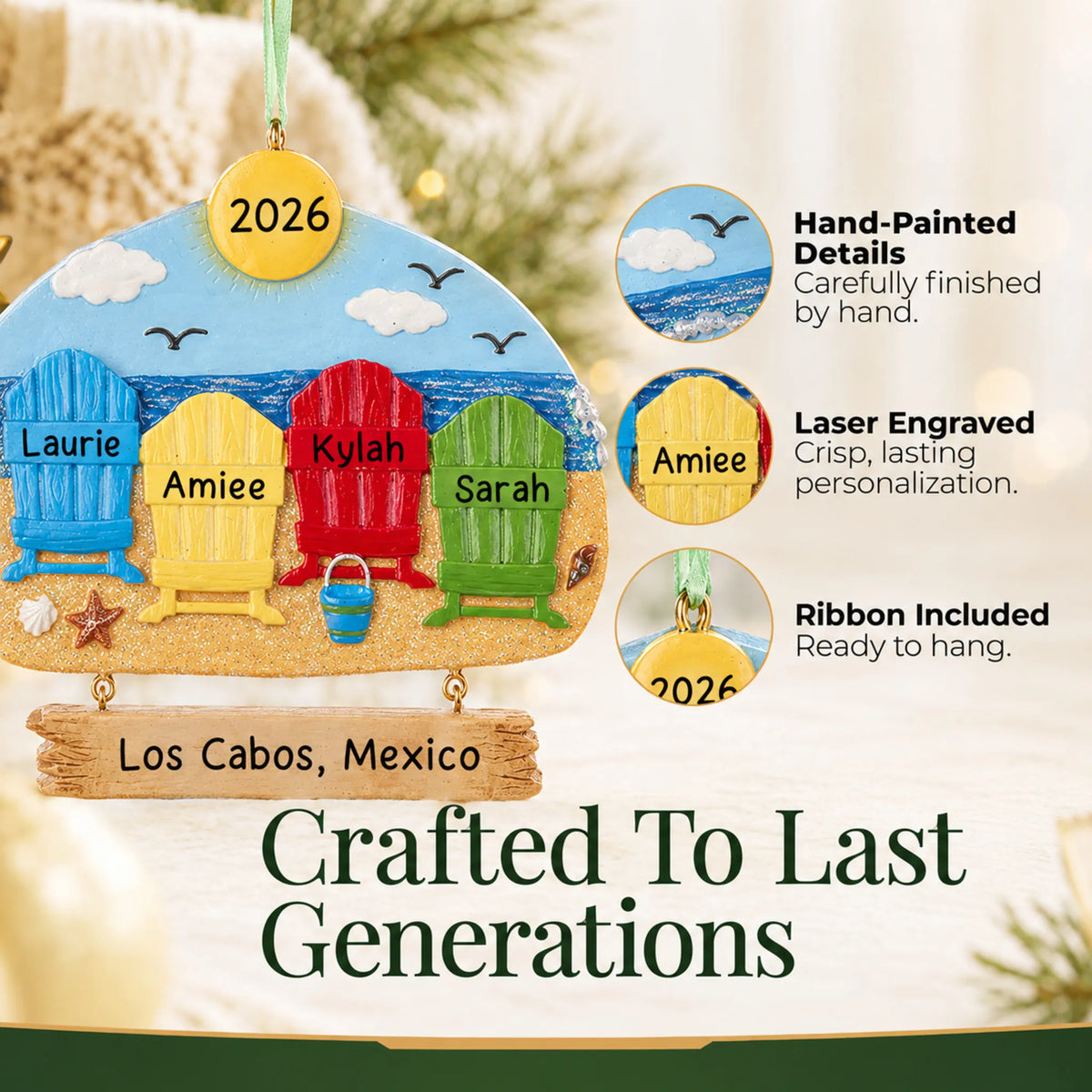 Hand-painted details and laser engraved personalization on the beach family of 4 christmas ornament, ribbon included
