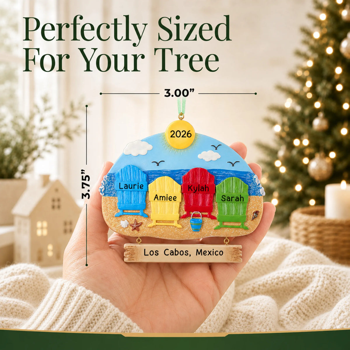 Size guide: the personalized beach family of 4 christmas ornament is 3.00 in wide by 3.75 in tall, shown in hand