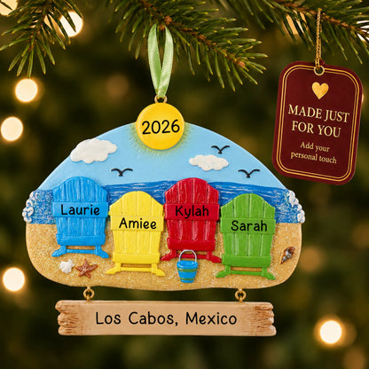 Beach family of 4 christmas ornament hanging on a lit Christmas tree with a Made Just For You gift tag