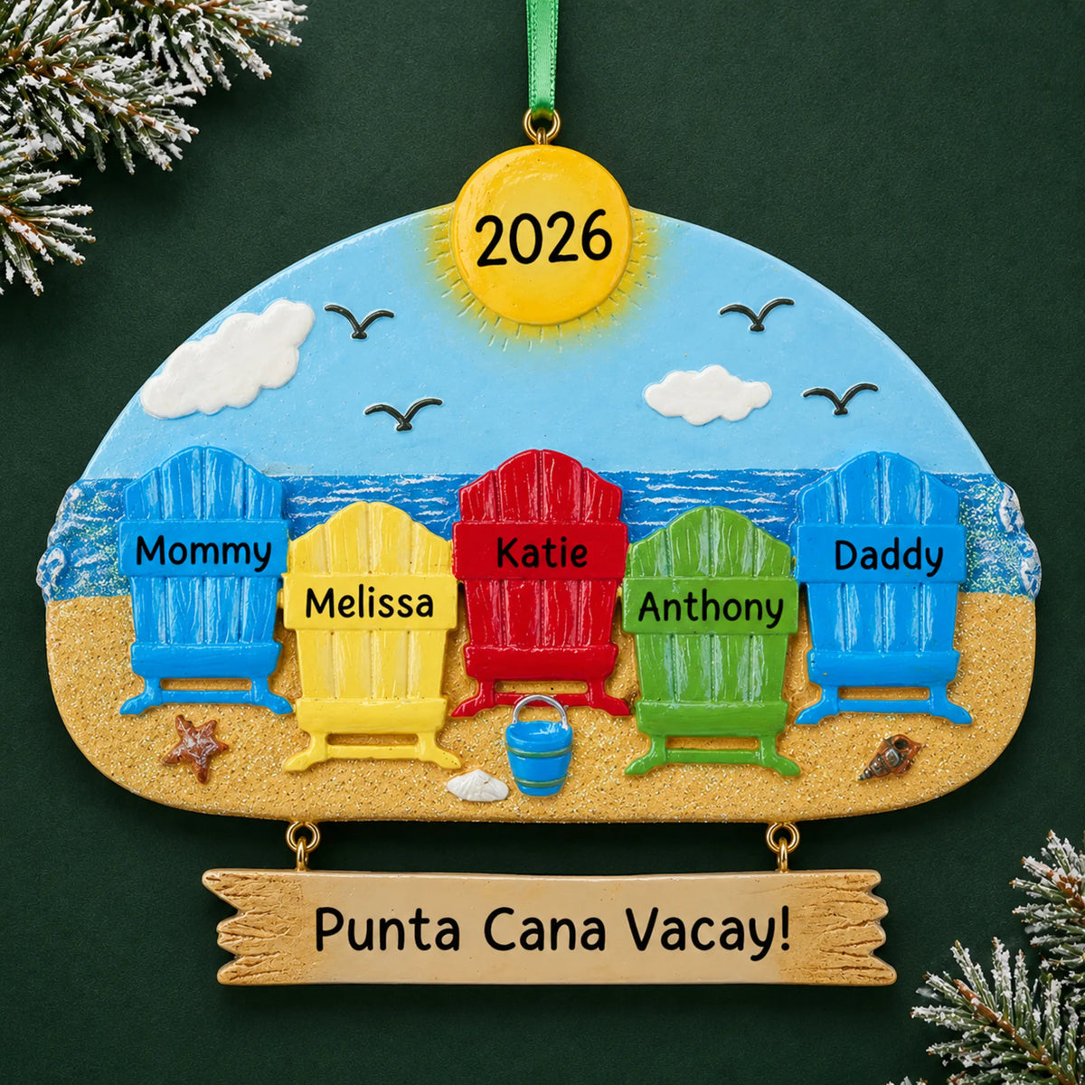 Personalized beach family of 5 christmas ornament on a dark green pine background