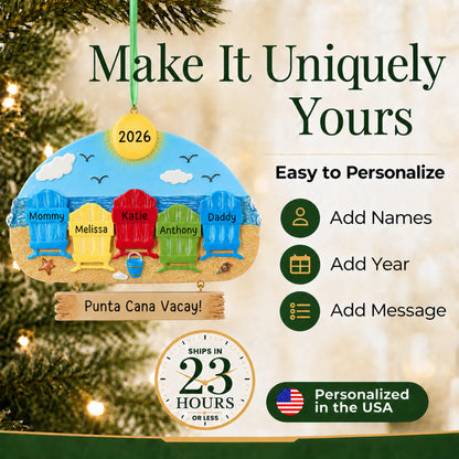 Make it yours: add names and year to the personalized beach family of 5 christmas ornament