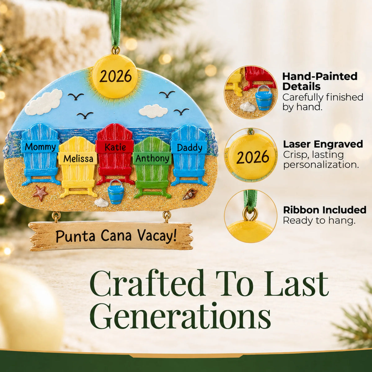 Hand-painted details and laser engraved personalization on the beach family of 5 christmas ornament, ribbon included