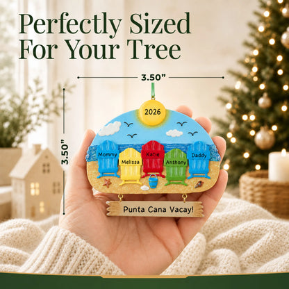 Size guide: the personalized beach family of 5 christmas ornament is 3.50 in wide by 3.50 in tall, shown in hand