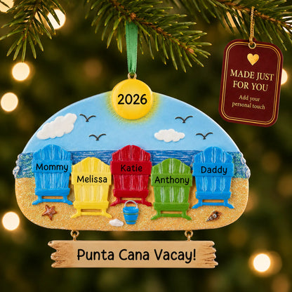 Beach family of 5 christmas ornament hanging on a lit Christmas tree with a Made Just For You gift tag