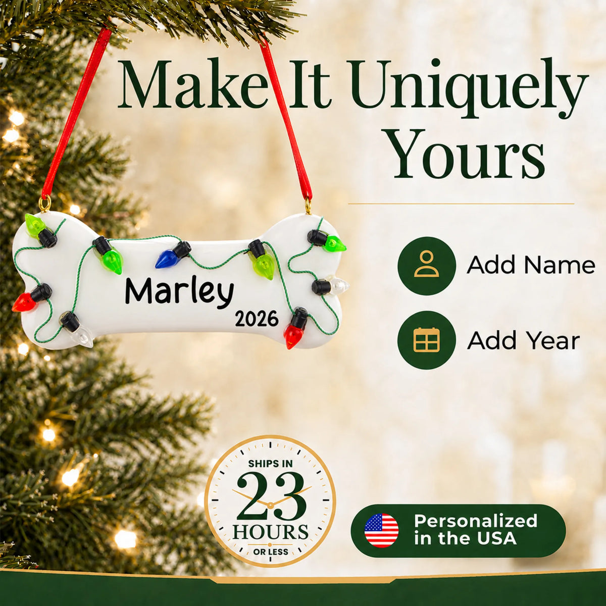 Make it yours: personalize the Christmas Lights Dog Bone ornament with your dog's name and the year