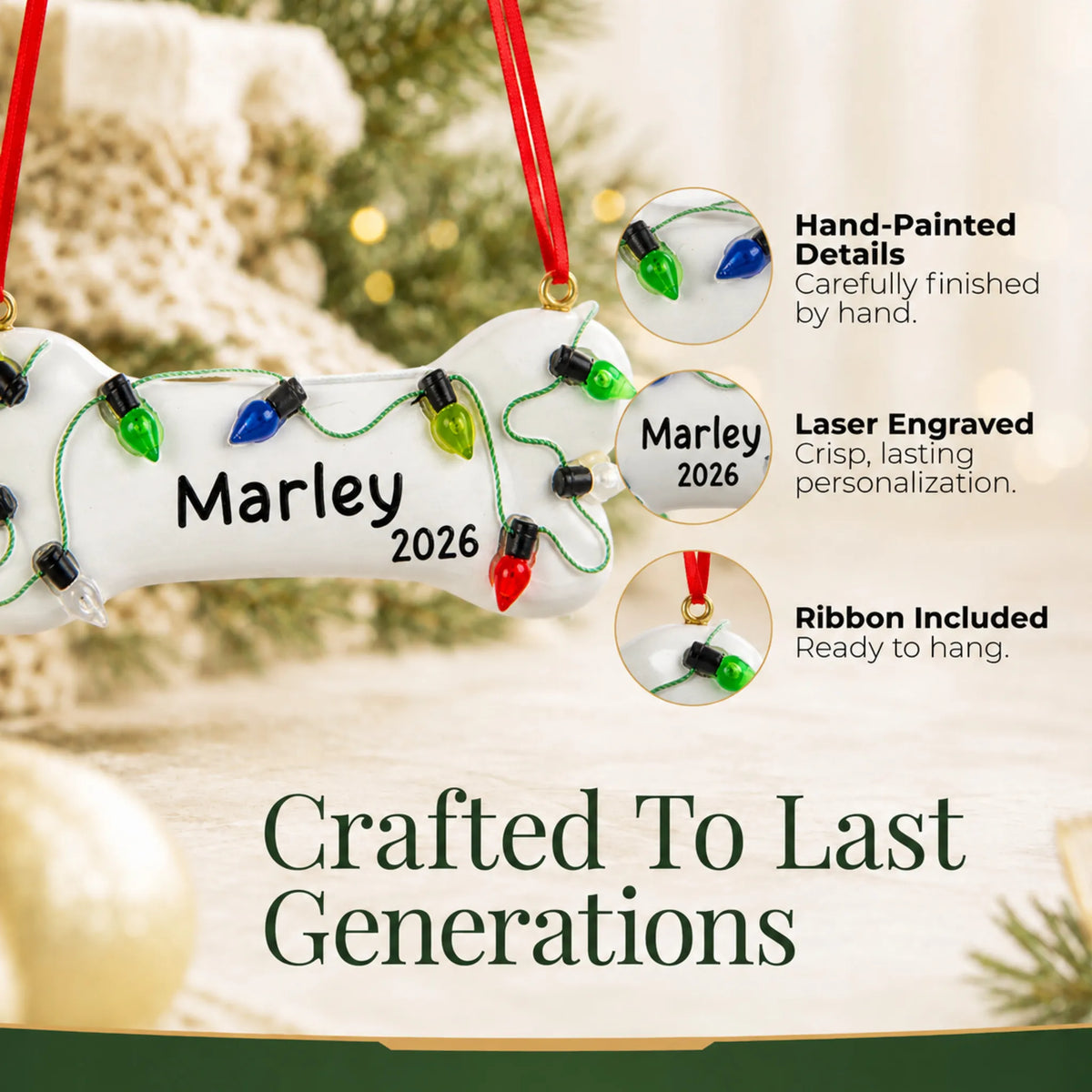 Hand-painted, laser engraved Christmas Lights Dog Bone ornament, ribbon included