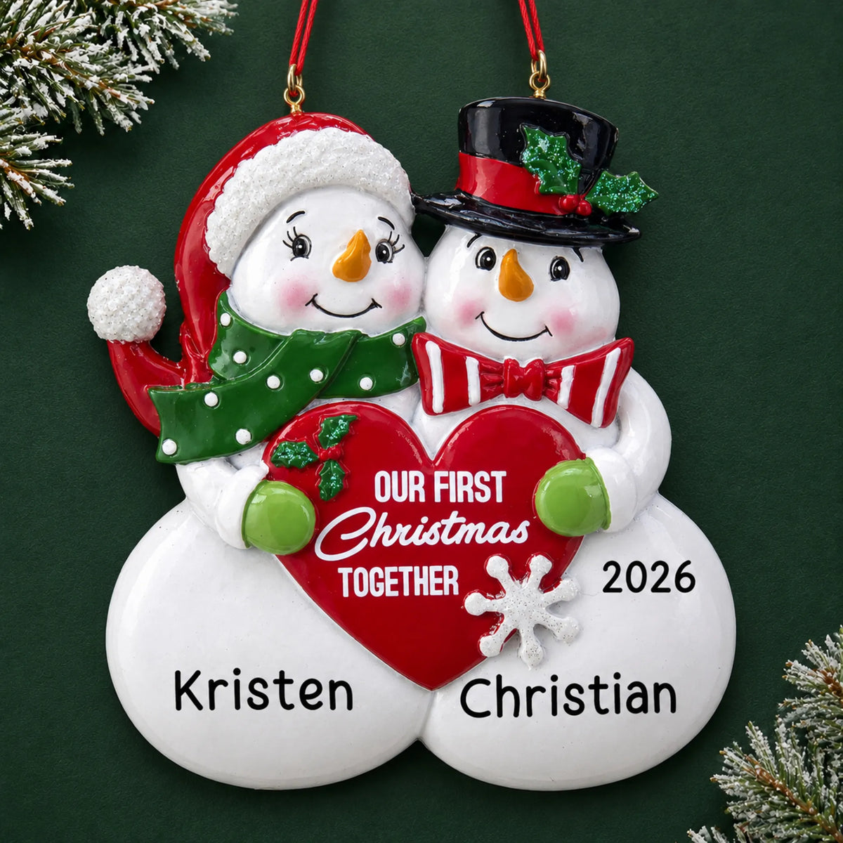 Personalized our 1st christmas together ornament on a dark green pine background