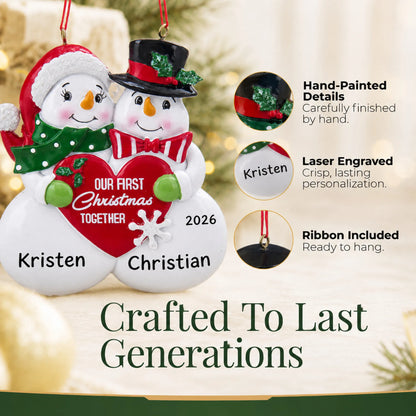 Hand-painted details and laser engraved personalization on the our 1st christmas together ornament, ribbon included