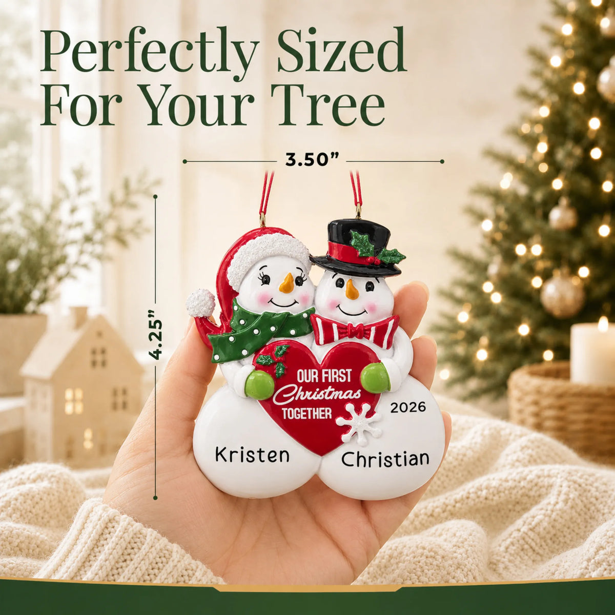 Size guide: the personalized our 1st christmas together ornament is 3.50 in wide by 4.25 in tall, shown in hand