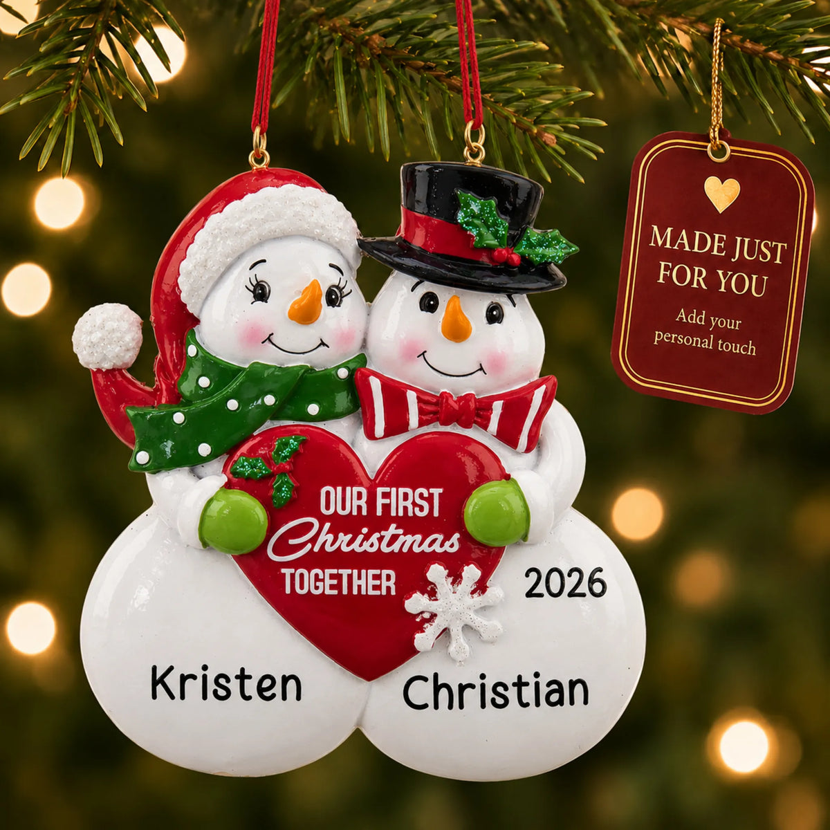 Our 1st christmas together ornament hanging on a lit Christmas tree with a Made Just For You gift tag