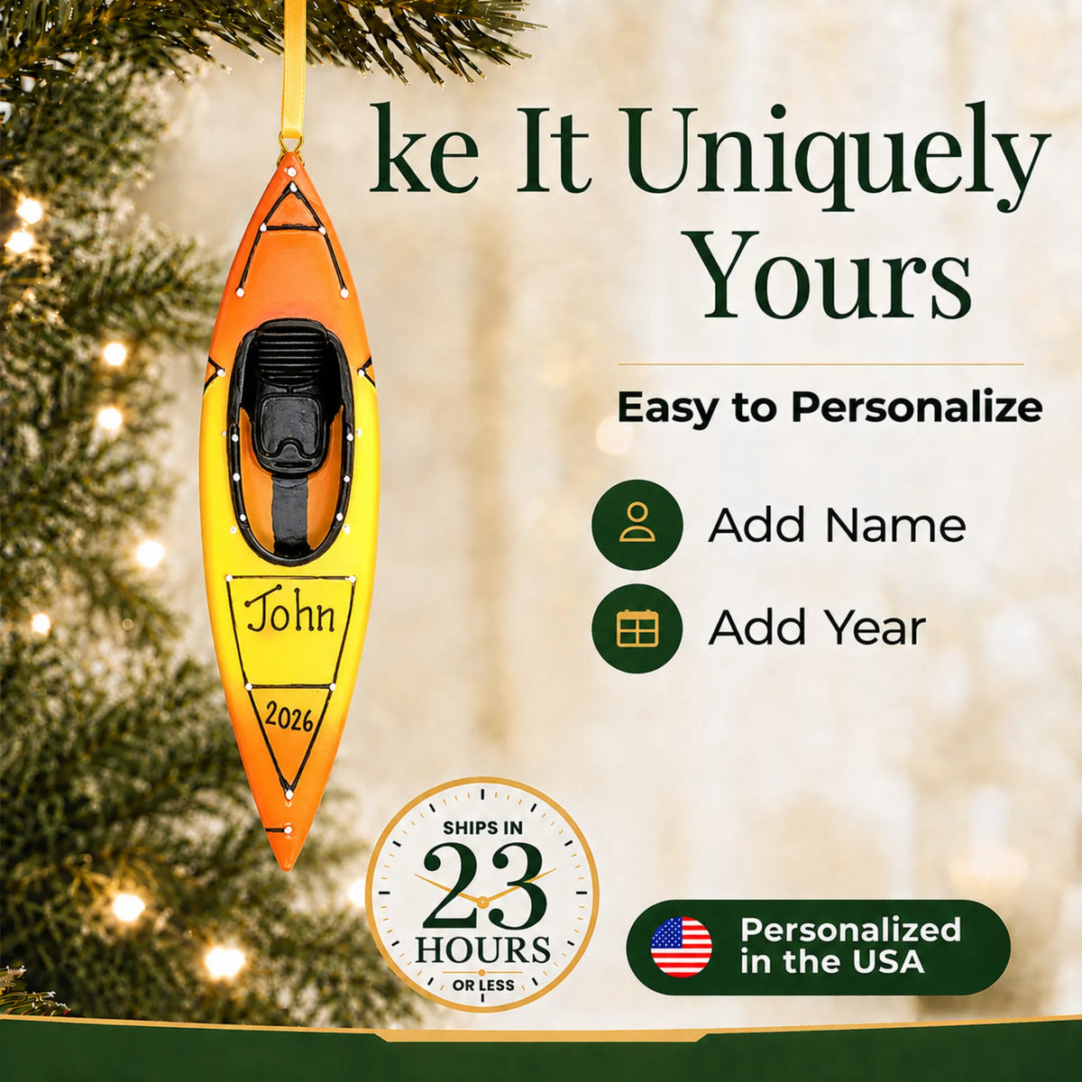 Make it yours: add name and year to the personalized 3D kayak christmas ornament