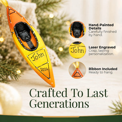 Hand-painted details and laser engraved personalization on the 3D kayak christmas ornament, ribbon included