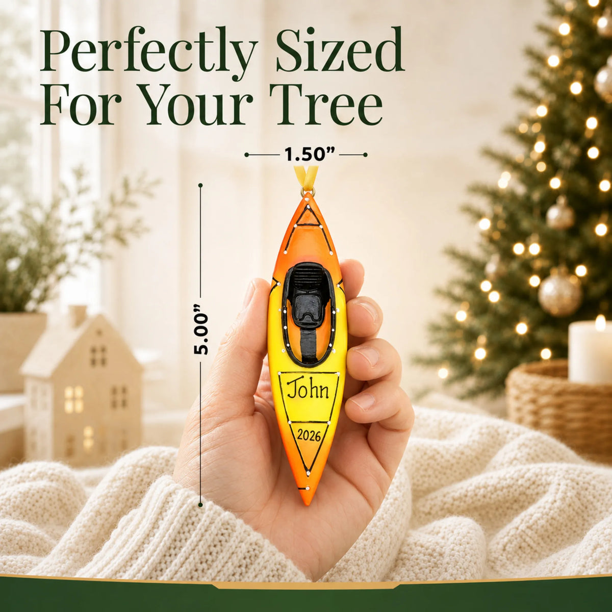 Size guide: the personalized 3D kayak christmas ornament is 1.50 in wide by 5.00 in tall, shown in hand