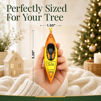 Size guide: the personalized 3D kayak christmas ornament is 1.50 in wide by 5.00 in tall, shown in hand