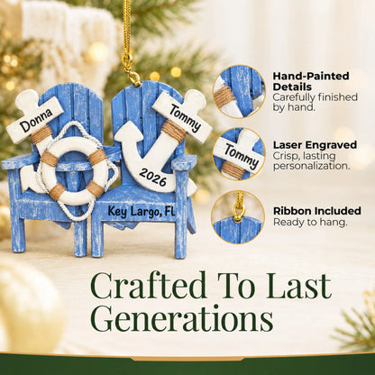 Hand-painted details and laser engraved personalization on the nautical adirondack chairs christmas ornament, ribbon included