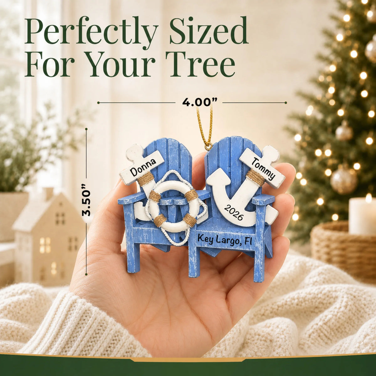 Size guide: the personalized nautical adirondack chairs christmas ornament is 4.00 in wide by 3.50 in tall, shown in hand