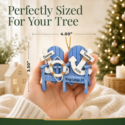 Size guide: the personalized nautical adirondack chairs christmas ornament is 4.00 in wide by 3.50 in tall, shown in hand