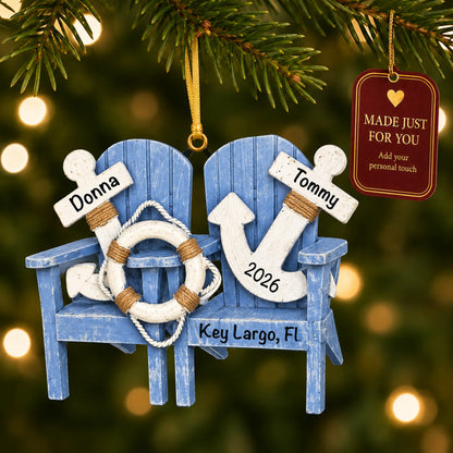 Nautical adirondack chairs christmas ornament hanging on a lit Christmas tree with a Made Just For You gift tag