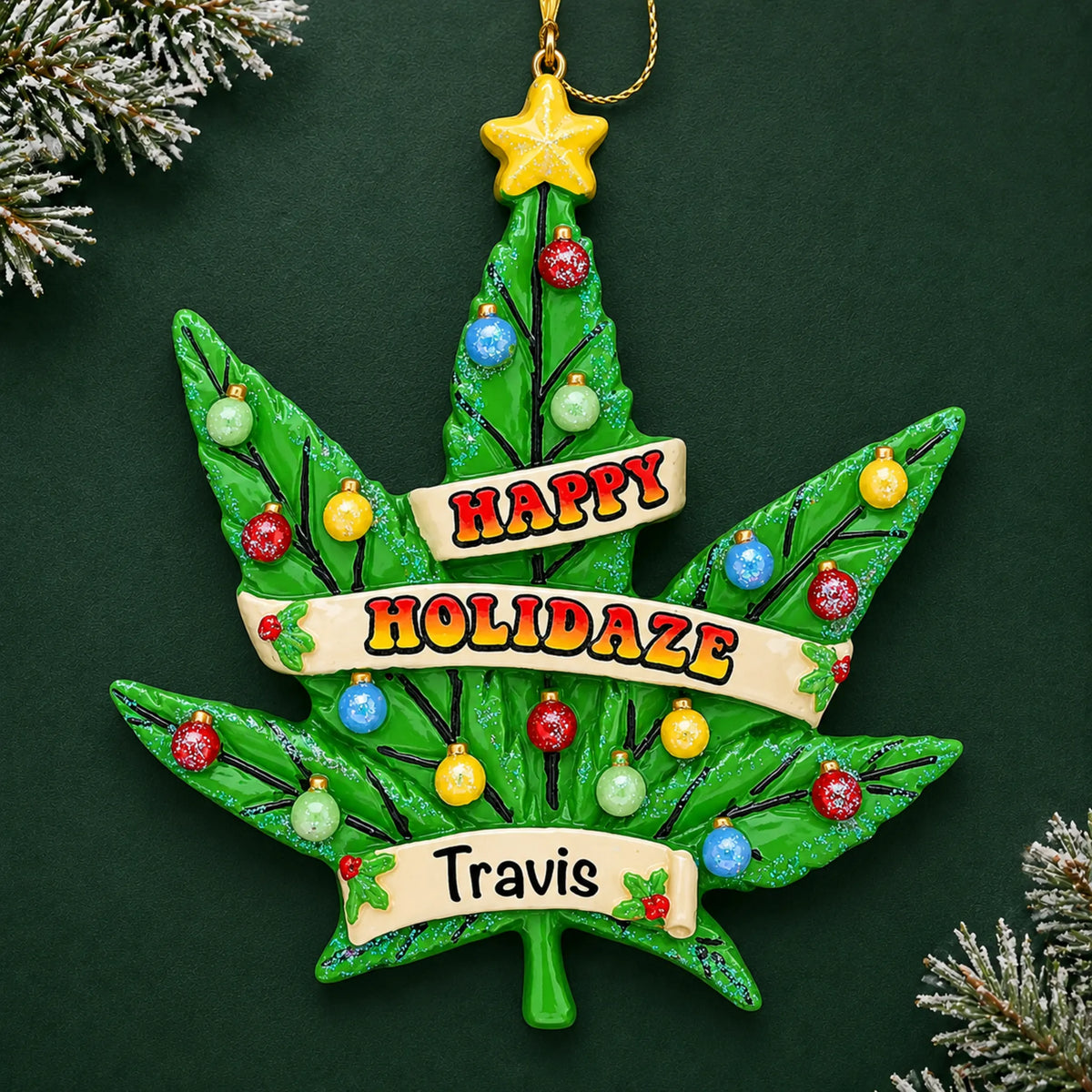 Personalized cannabis leaf holiday tree christmas ornament on a dark green pine background