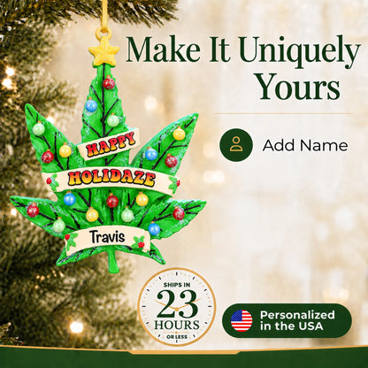 Make it yours: add name to the personalized cannabis leaf holiday tree christmas ornament