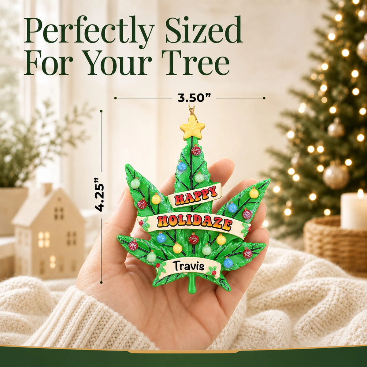 Size guide: the personalized cannabis leaf holiday tree christmas ornament is 3.50 in wide by 4.25 in tall, shown in hand