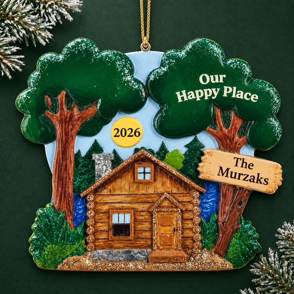 Personalized lake cabin christmas ornament on a dark green pine background
