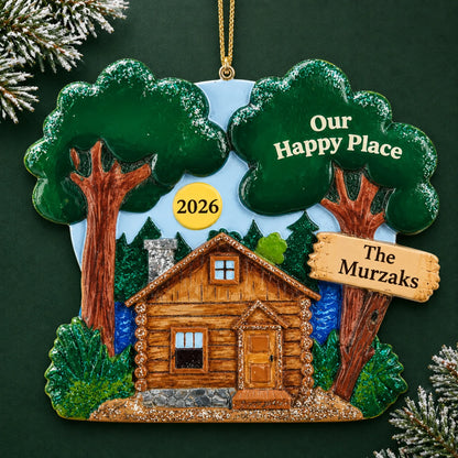 Personalized lake cabin christmas ornament on a dark green pine background