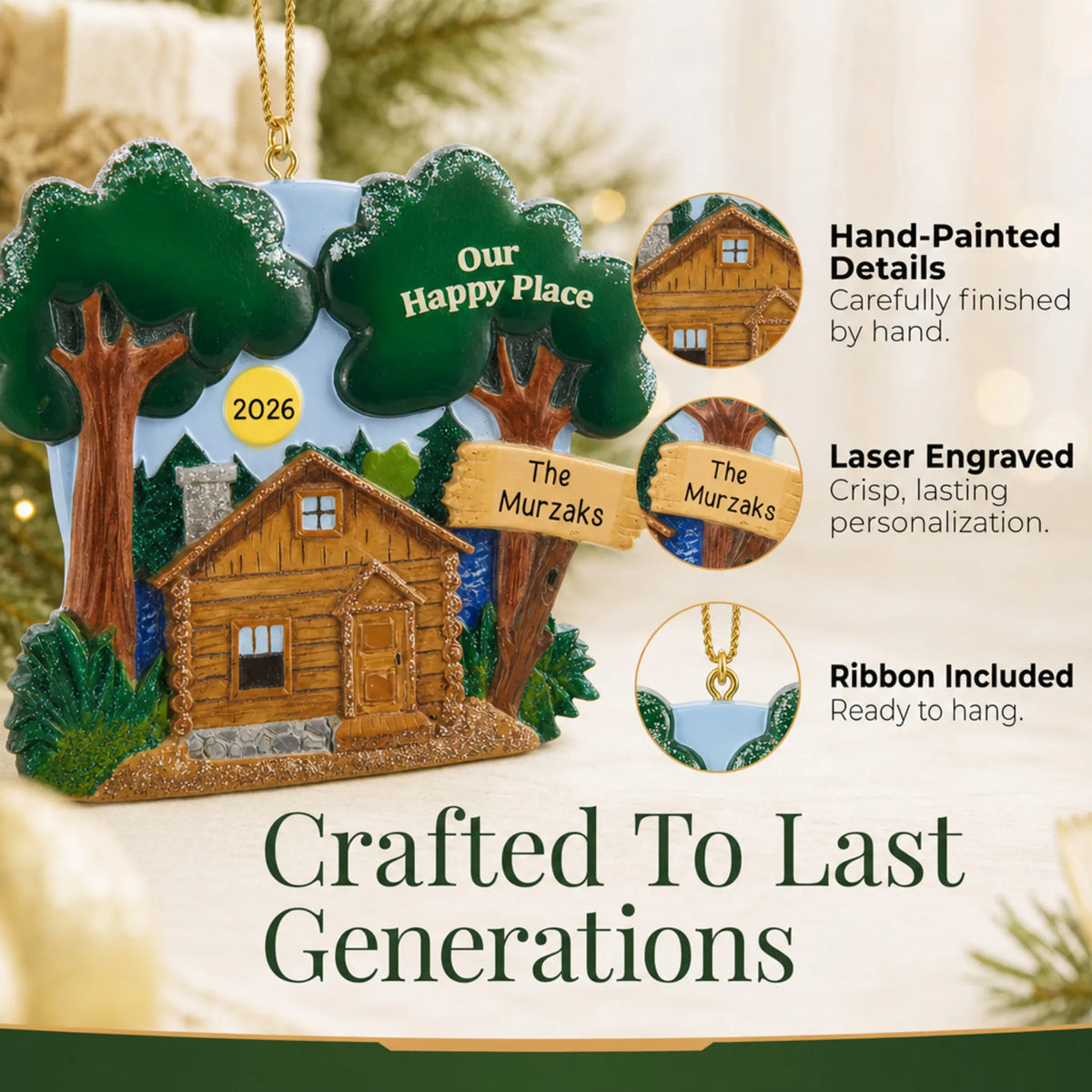 Hand-painted details and laser engraved personalization on the lake cabin christmas ornament, ribbon included