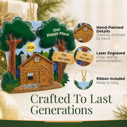Hand-painted details and laser engraved personalization on the lake cabin christmas ornament, ribbon included