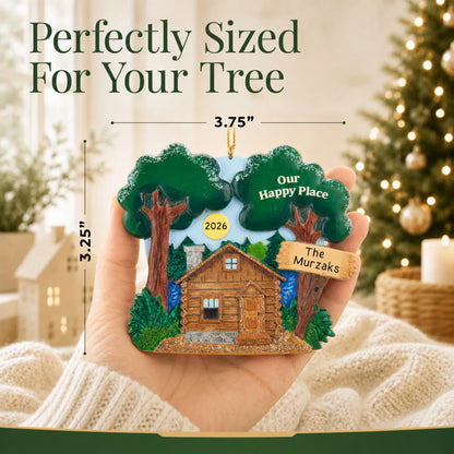 Size guide: the personalized lake cabin christmas ornament is 3.75 in wide by 3.25 in tall, shown in hand