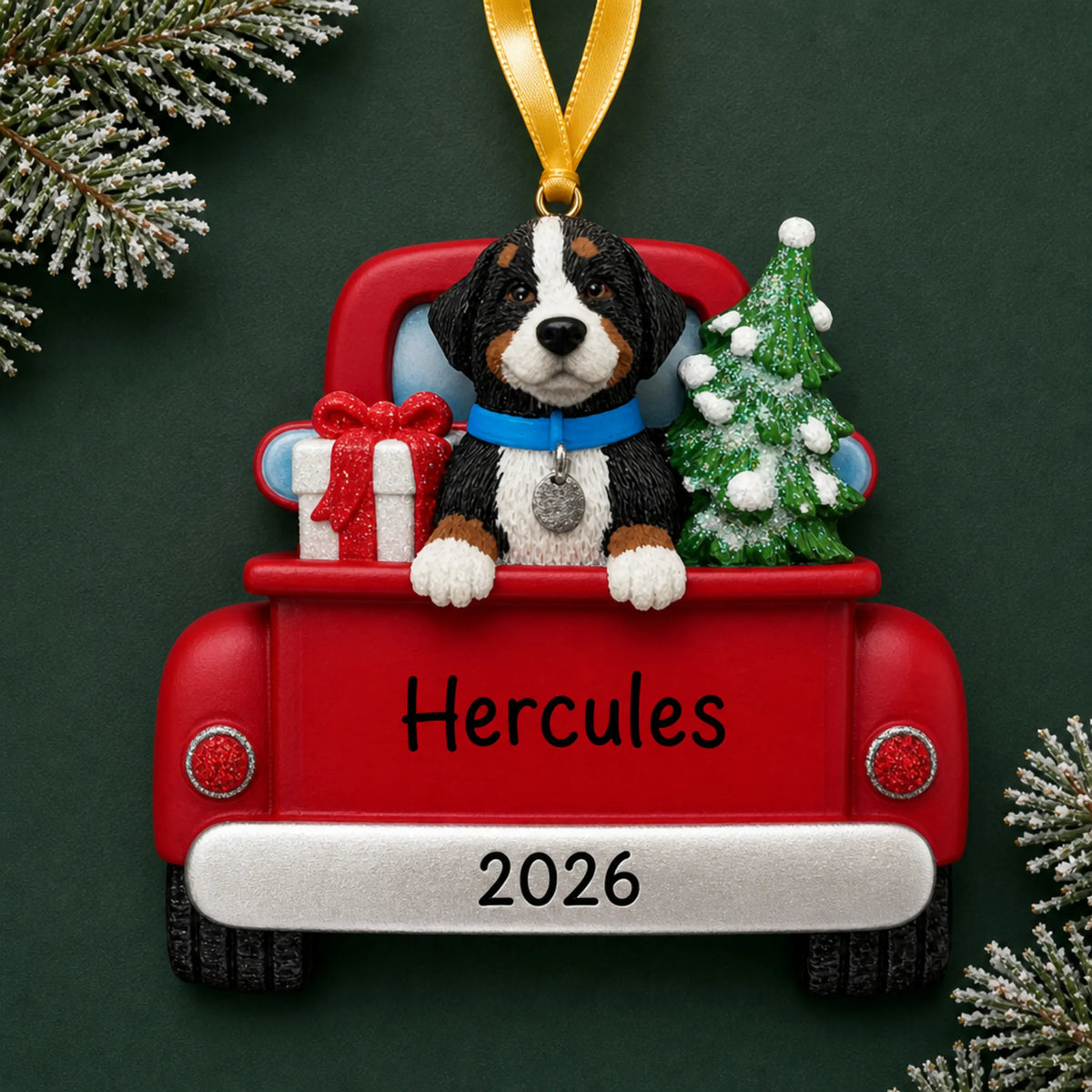 Personalized Bernese Mountain Dog Vintage Truck christmas ornament on a dark green pine background