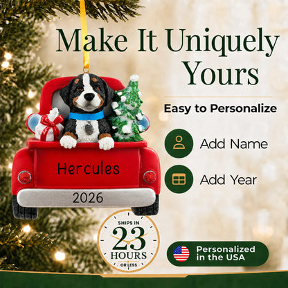 Make it yours: personalize the Bernese Mountain Dog Vintage Truck christmas ornament with your dog's name and the year