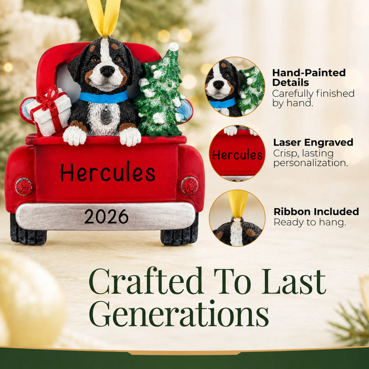 Hand-painted, laser engraved Bernese Mountain Dog Vintage Truck christmas ornament, ribbon included