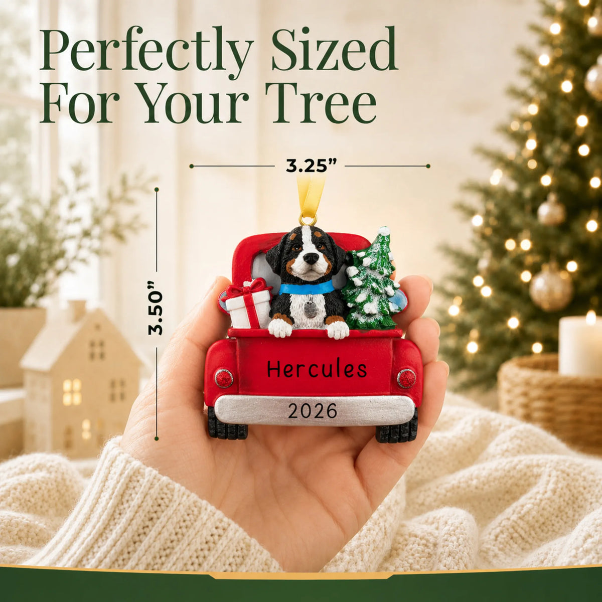 Size guide: the personalized Bernese Mountain Dog Vintage Truck christmas ornament is 3.25 in wide by 3.50 in tall, shown in hand