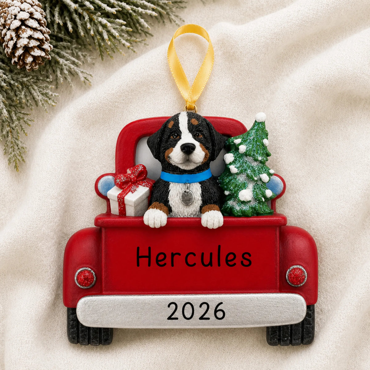 Personalized Bernese Mountain Dog Vintage Truck christmas ornament laid on a soft white knit blanket