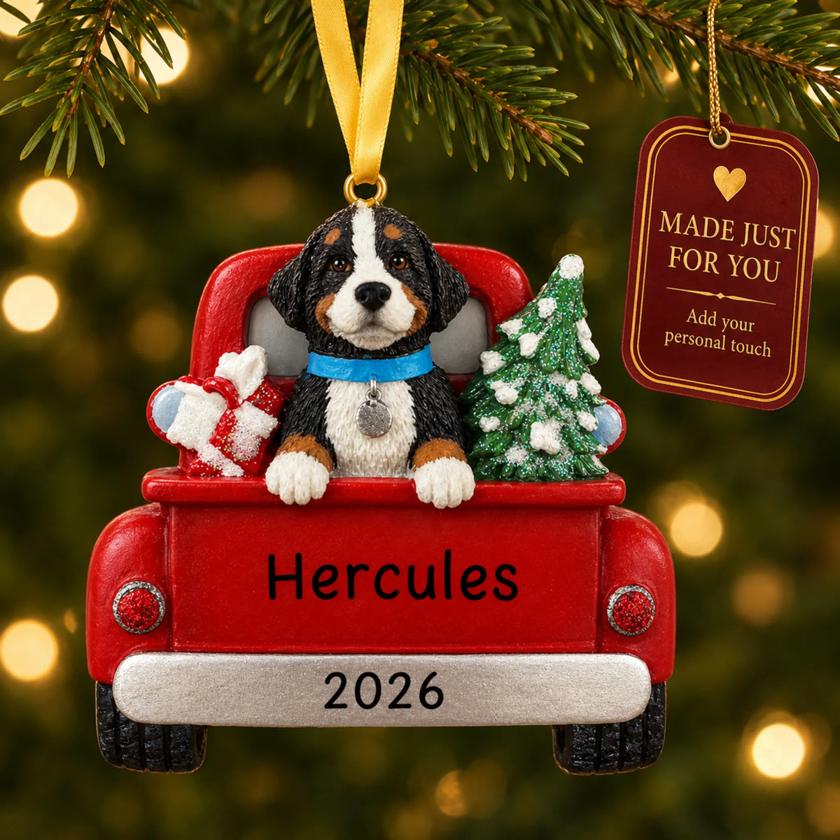 Bernese Mountain Dog Vintage Truck christmas ornament hanging on a lit Christmas tree with a Made Just For You gift tag