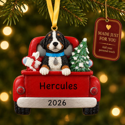 Bernese Mountain Dog Vintage Truck christmas ornament hanging on a lit Christmas tree with a Made Just For You gift tag