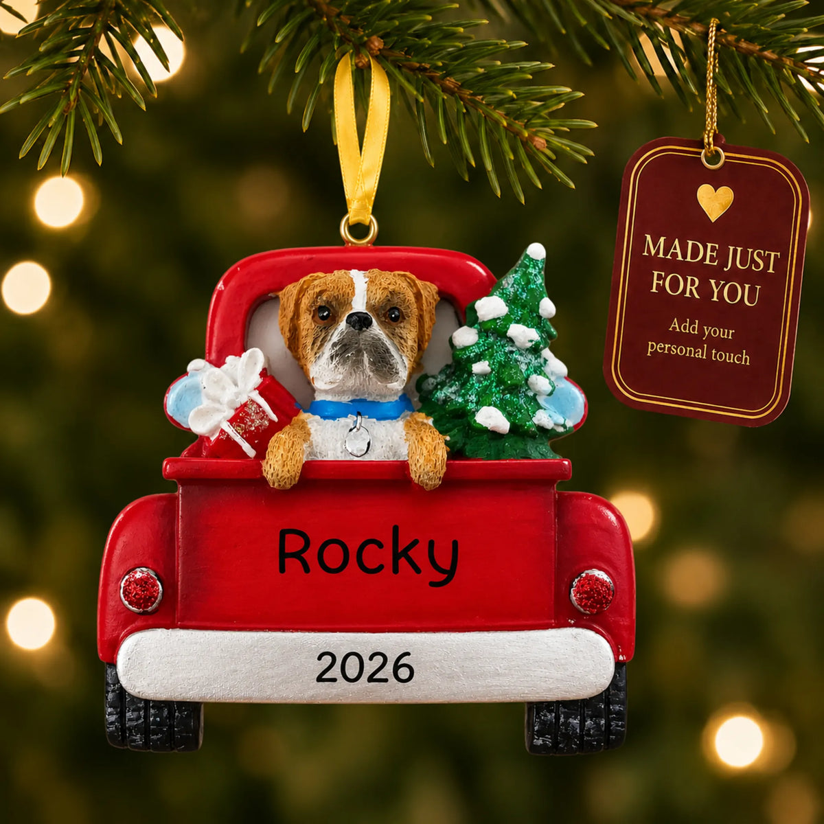 Boxer Vintage Truck christmas ornament hanging on a lit Christmas tree with a Made Just For You gift tag