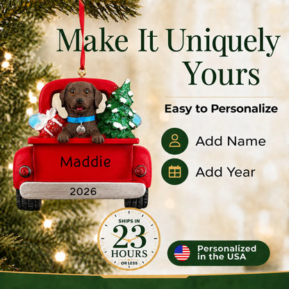 Make it yours: personalize the Chocolate Lab Vintage Truck christmas ornament with your dog's name and the year