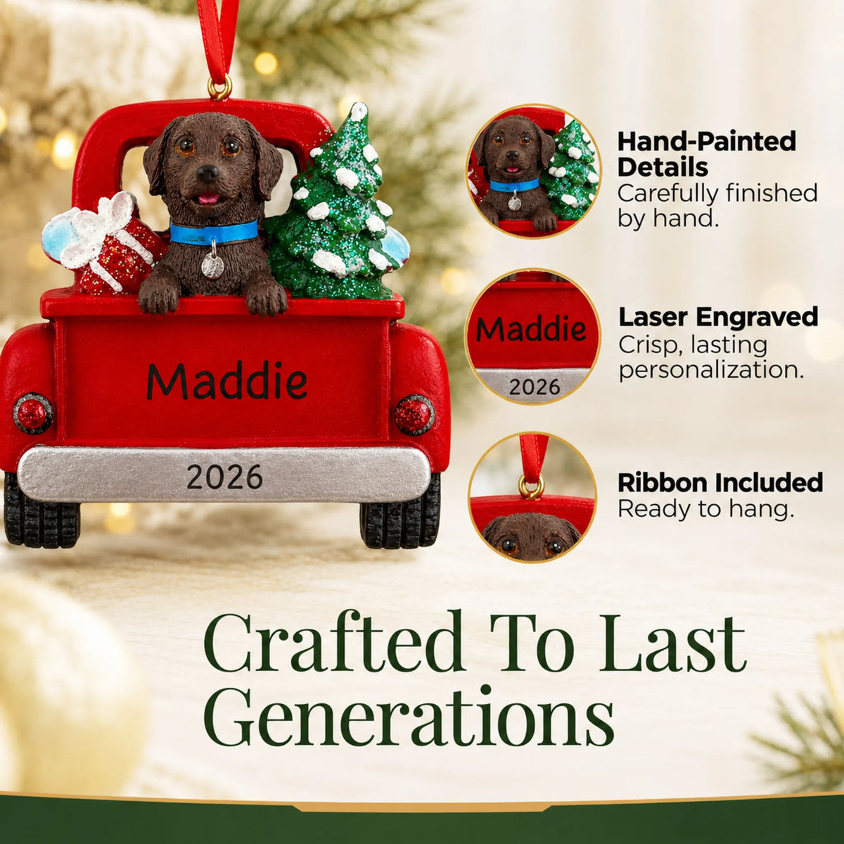 Hand-painted, laser engraved Chocolate Lab Vintage Truck christmas ornament, ribbon included