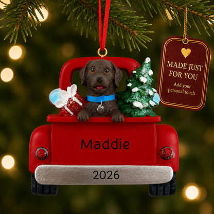 Chocolate Lab Vintage Truck christmas ornament hanging on a lit Christmas tree with a Made Just For You gift tag