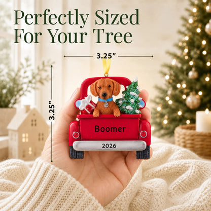 Size guide: the personalized Brown Dachshund Vintage Truck christmas ornament is 3.25 in wide by 3.25 in tall, shown in hand