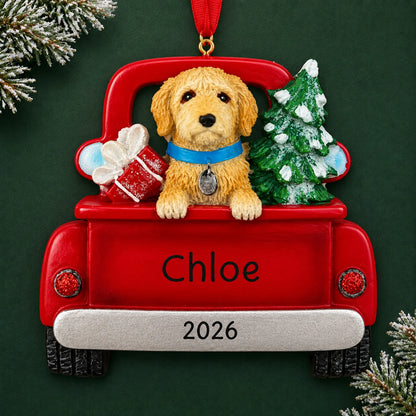 Personalized Labradoodle Vintage Truck christmas ornament on a dark green pine background